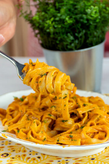 Empratamento tagliatelle ao molho de camarão.