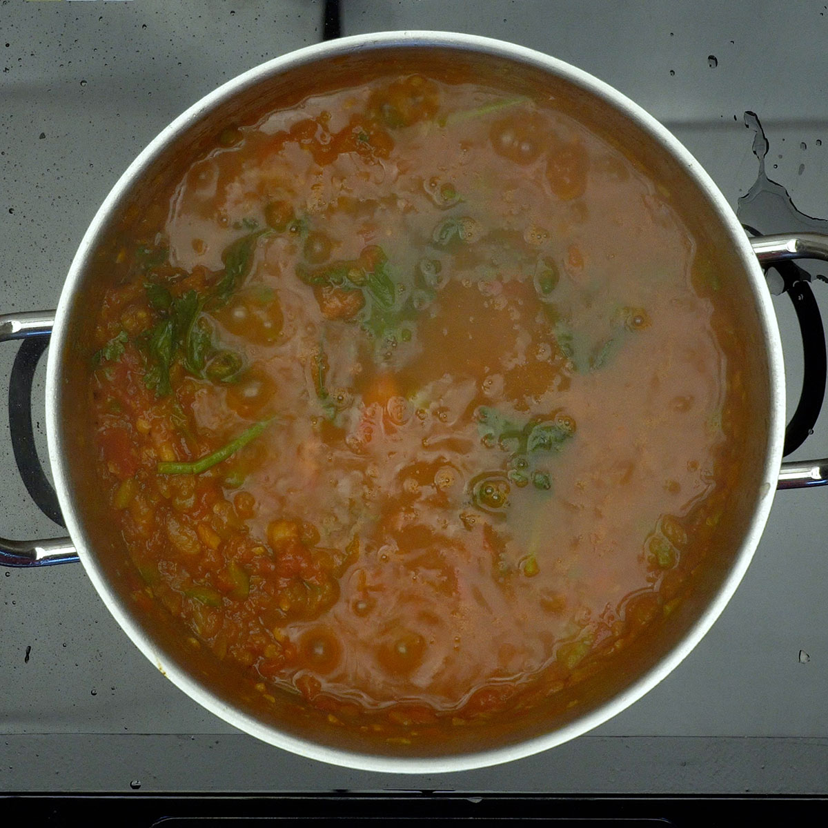 Molho de tomate fervendo com temperos na panela.