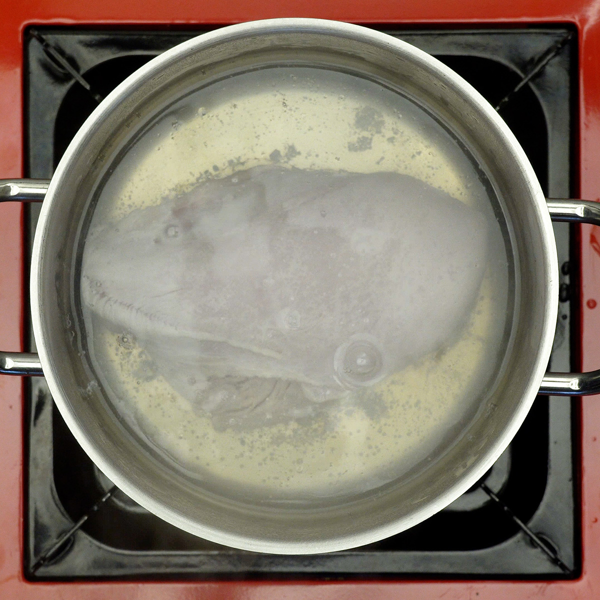 Peito de frango cozinhando em panela com água e sal até ficar macio.