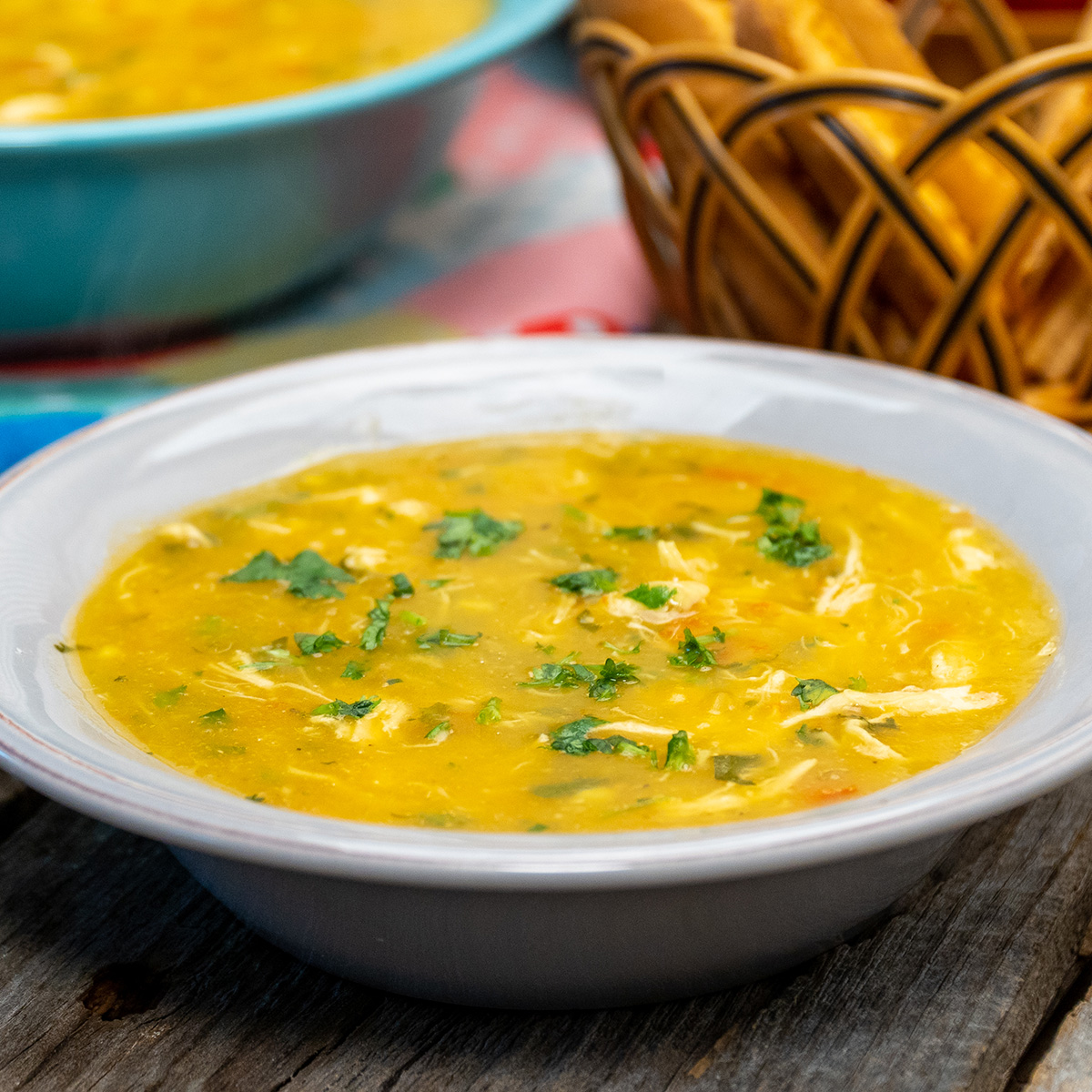 Empratamento de caldo de frango com mandioca finalizado com coentro.
