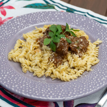 Ragu de carne com macarrão servido com queijo ralado e molho encorpado.
