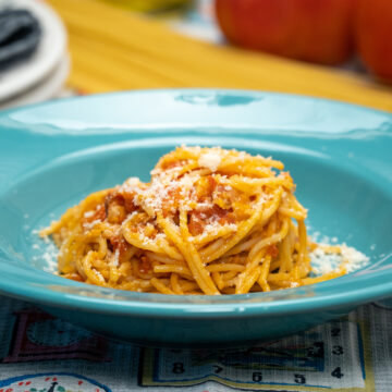 Empratamento espaguete amatriciana com queijo parmesão ralado por cima.