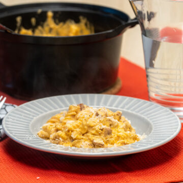 Empratamento macarrão cremoso com linguiça calabresa finalizada com queijo parmesão ralado por cima.